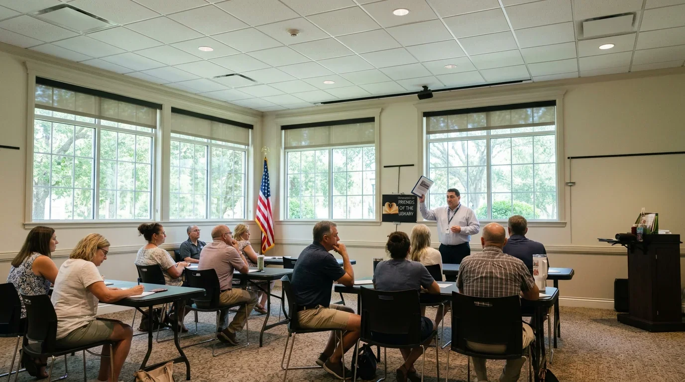 Experienced retirement planner leading an engaging discussion in an Orlando seminar room among retirees