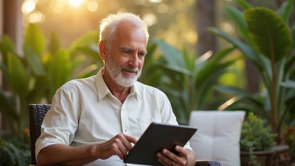 Confident retiree reviewing IRA portfolio after rolling over 401(k) in Tampa patio