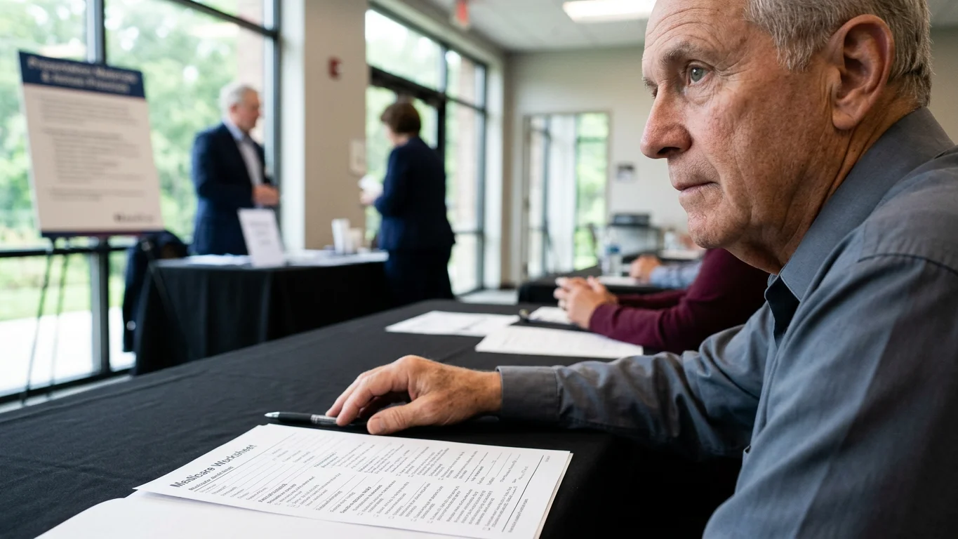 Medicare workshop near me Florida with friendly advisor explaining paperwork to relaxed senior couple in a sunlit Florida setting with greenery and organized folders.