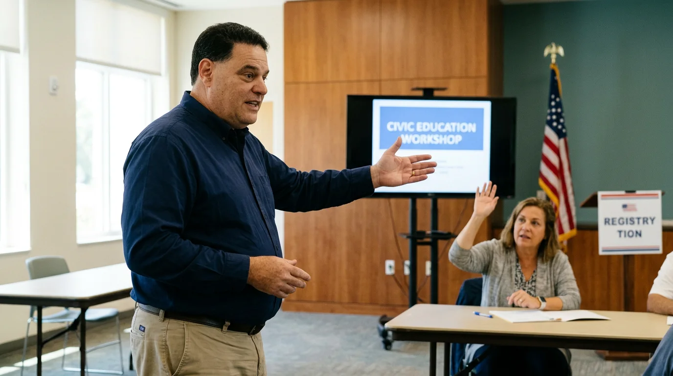 Empowering senior Medicare workshop session in Florida with small group discussion, facilitator addressing real-life coverage questions in a relaxed local classroom setting.
