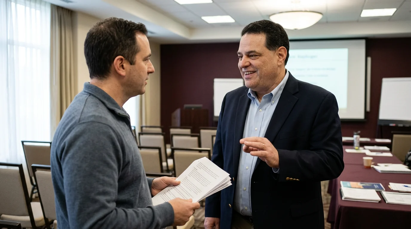 Confident retiree raising hand to ask a question during a retirement seminar near Tampa and Orlando