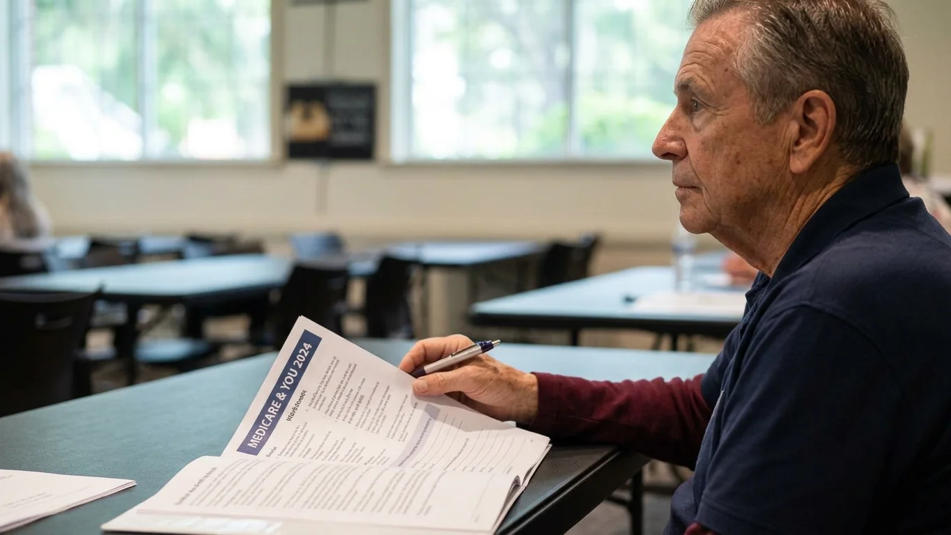 Medicare workshop near me Florida, friendly facilitator addressing seniors and families in library setting, with attentive expressions and accessible materials.