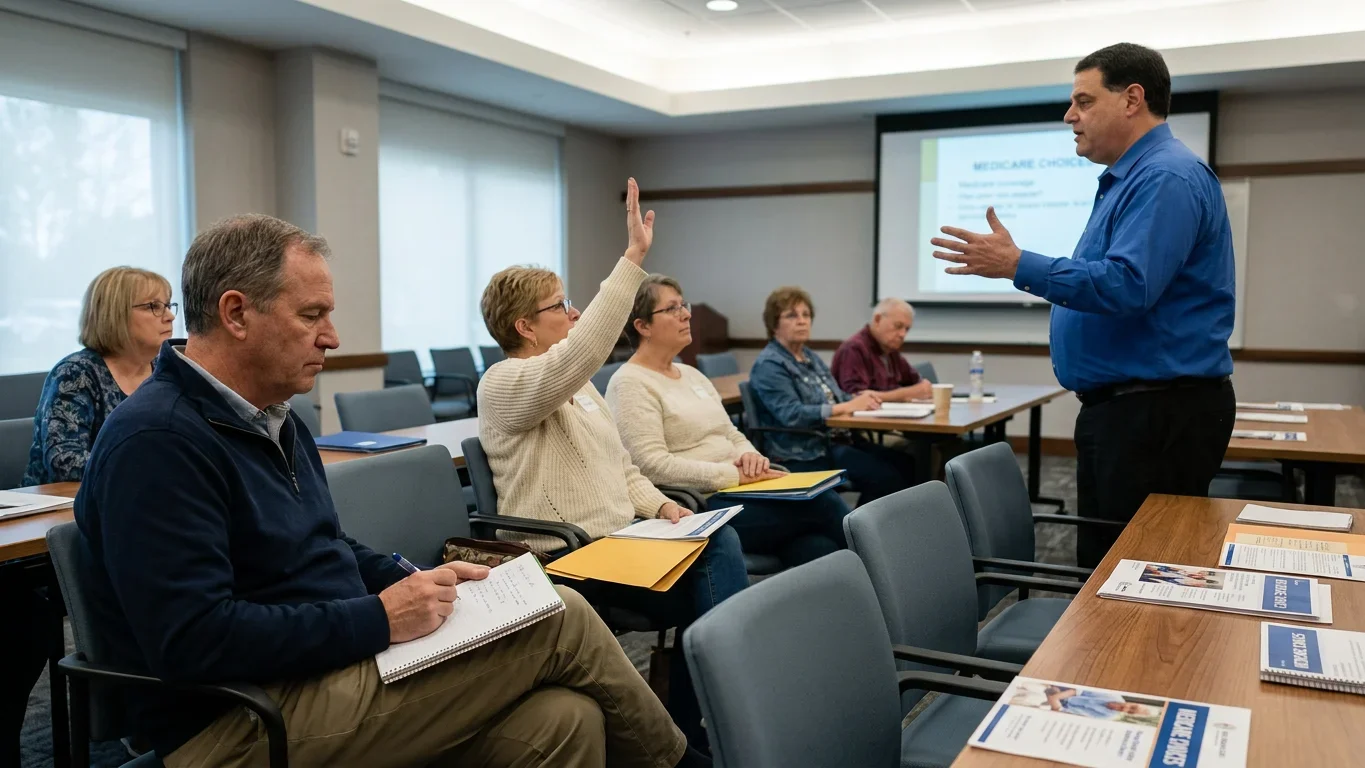Organized retirement workshop schedule—participants collaborating around an agenda in a Florida meeting room