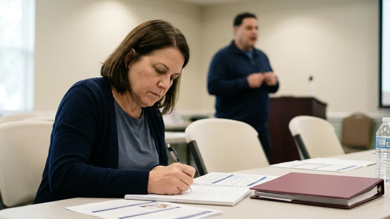 Modern Tampa workshop with engaged retirees listening and learning during a free retirement planning session – photorealistic, community setting