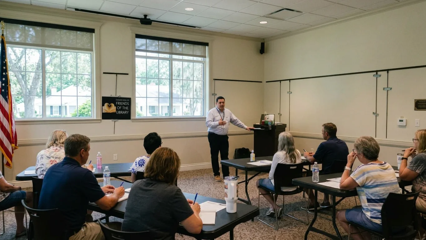 Chart comparing social security timing and retirement income planning, in a photorealistic Tampa workshop scene