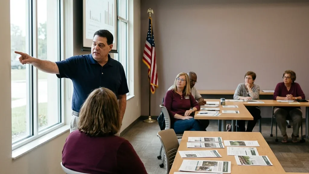 Confident Tampa Bay financial advisor explaining a retirement plan to a group with a whiteboard and visual aids in a lively community center